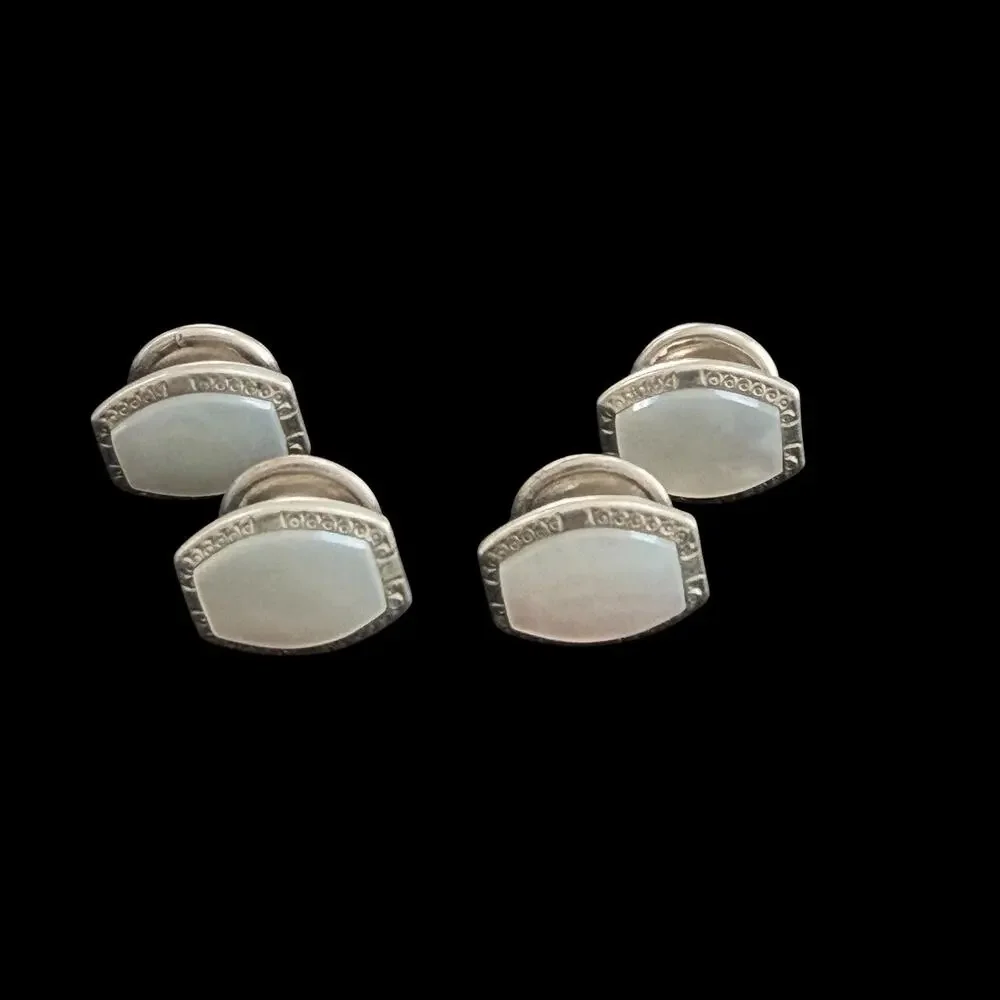 Vintage 1960s Pioneer Mother of Pearl Silver Tone Shield Snap Cufflinks Pair